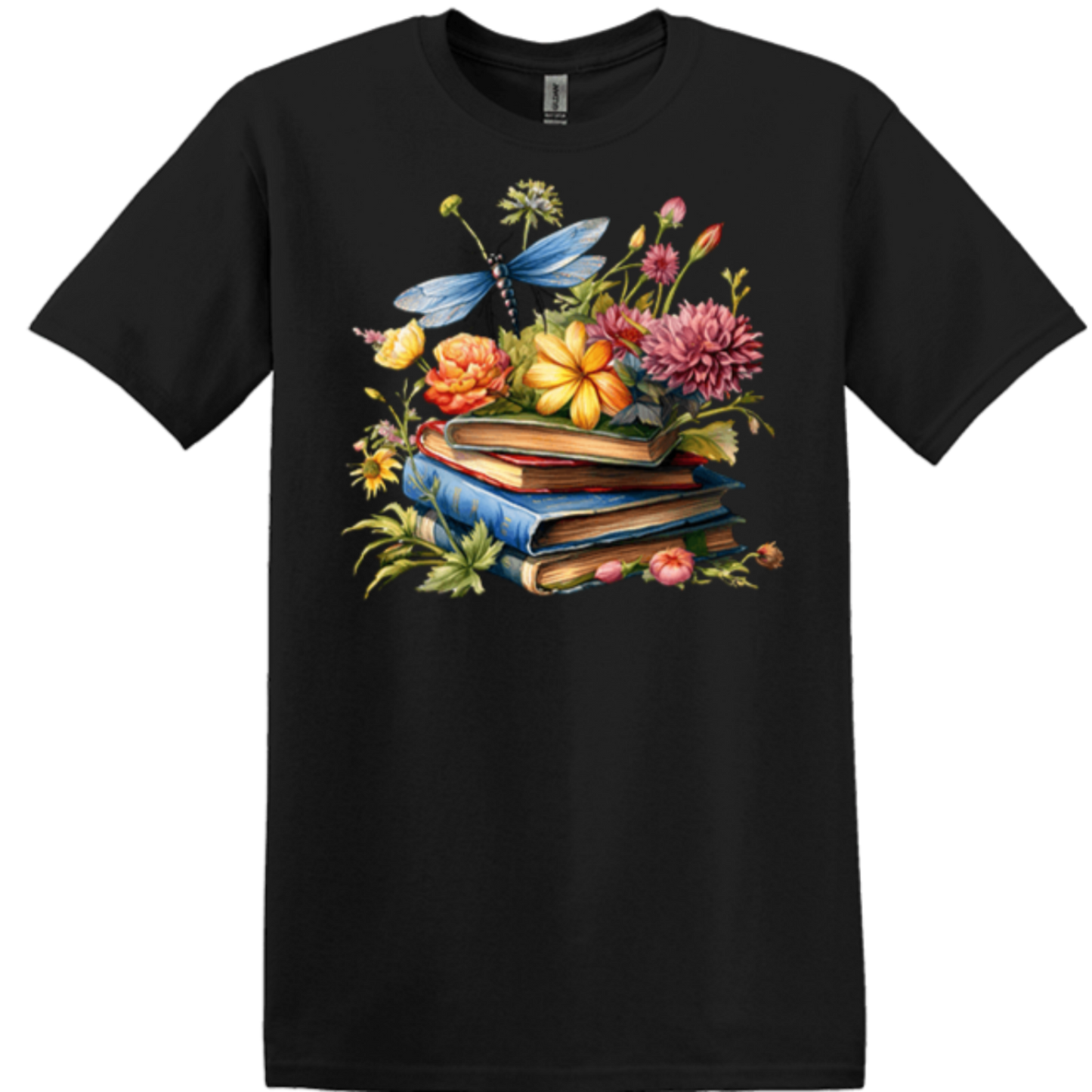 black crew neck shirt multi-color dragonfly books