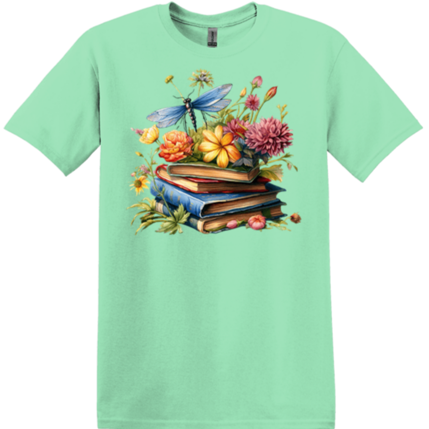 mint green jersey fit tee dragon fly book