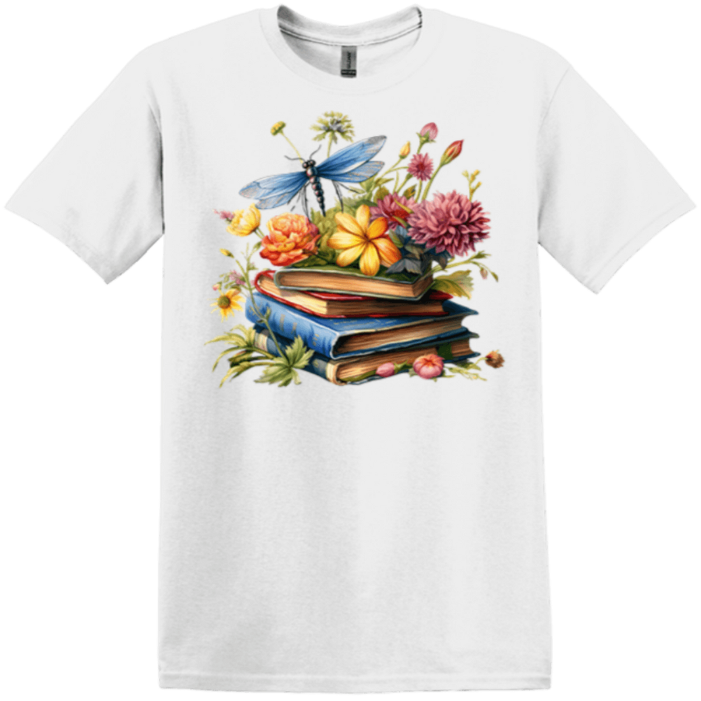 colorful flying ant over books white gildan tee