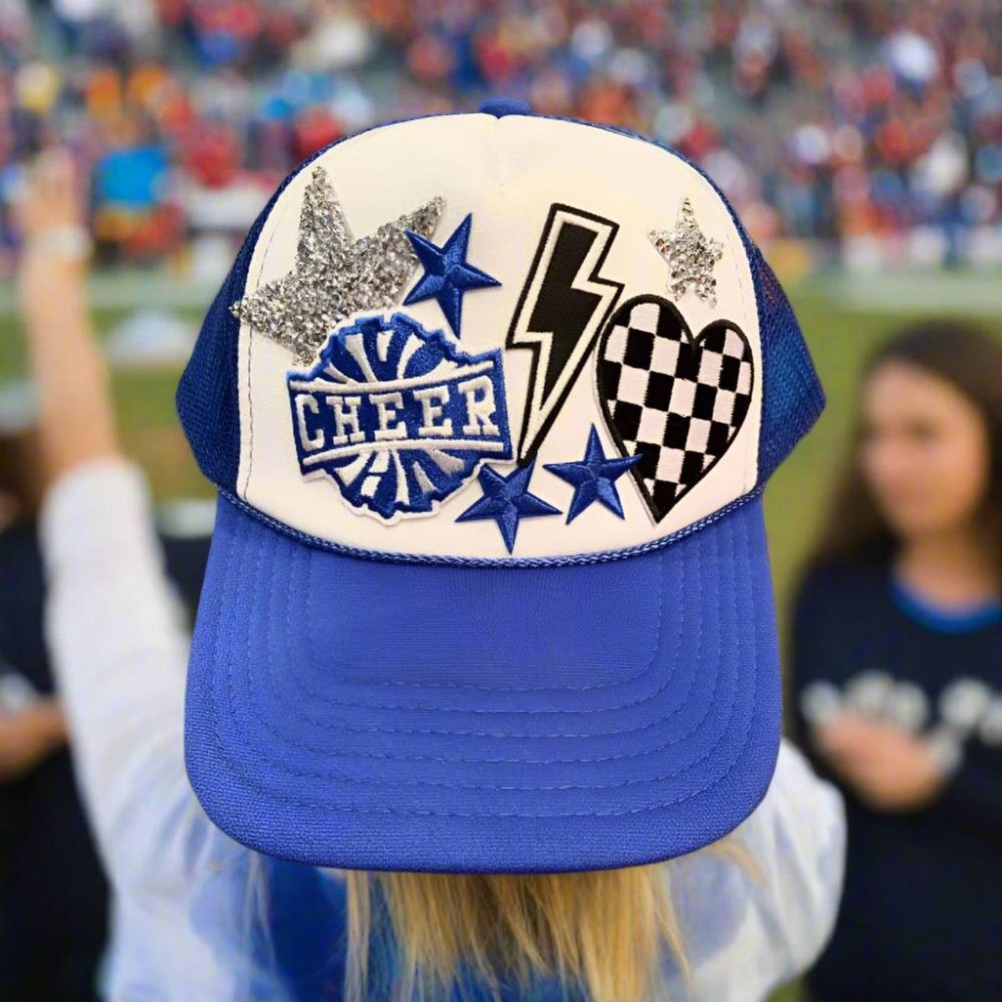 blue cheerleader OTTO foam trucker hat front center