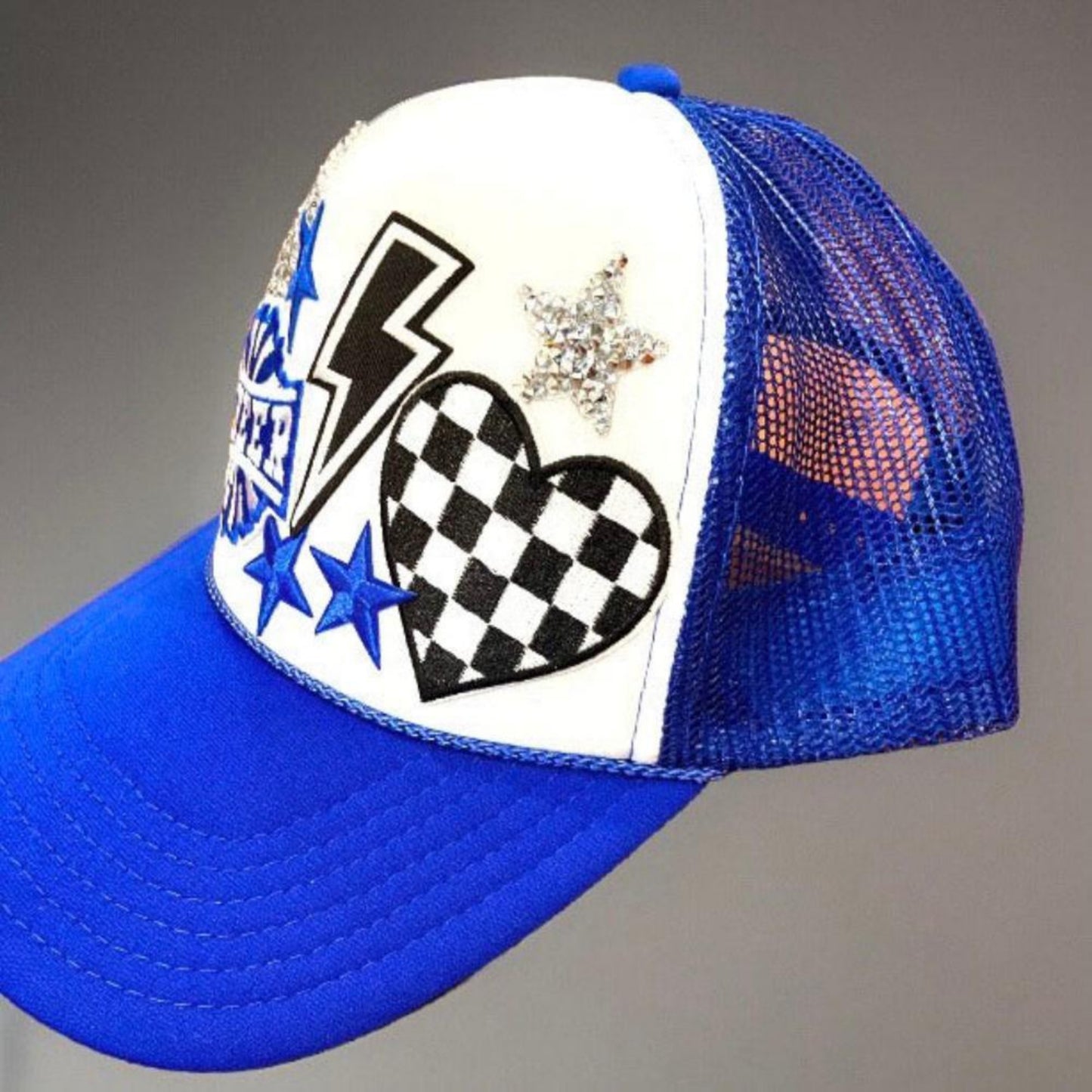 cheer hat cap blue white stars hearts lightning bolt bling left