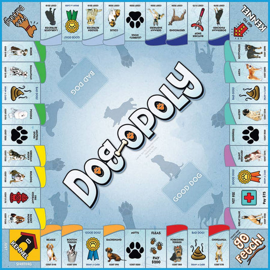 Board game cover titled 'Dog-opoly' with various dog-themed tiles and graphics.