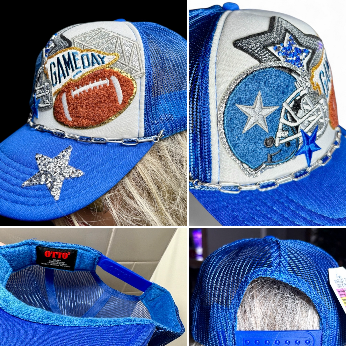 Collage of blue sports caps with various designs and branding