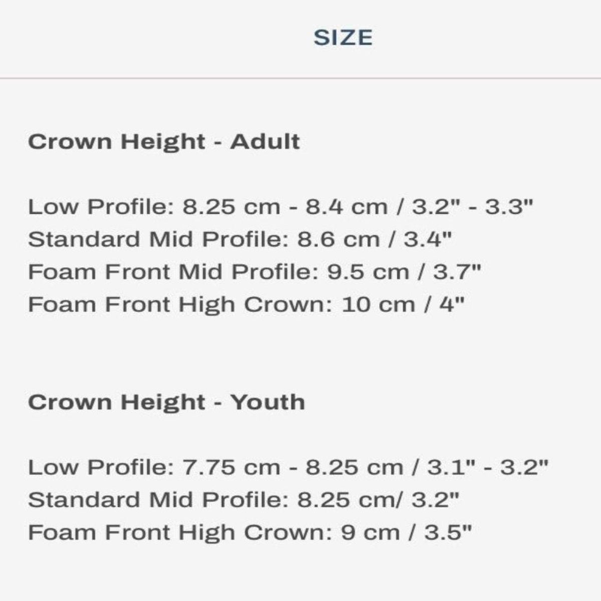 Size Information crown height mid profile