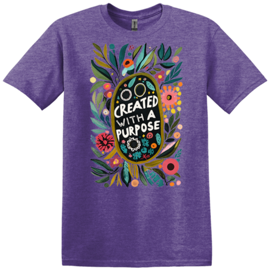 created with a purpose heather purple t-shirt