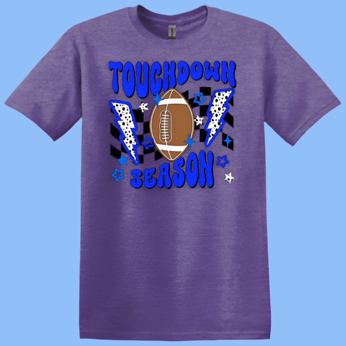 heather purple gildan tee football time