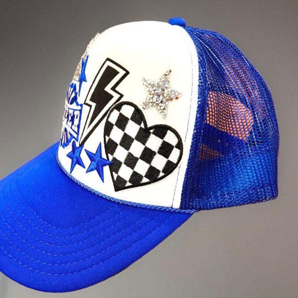 Cheer Cheerleader hat cap blue white stars hearts lightning bolt bling Left Front