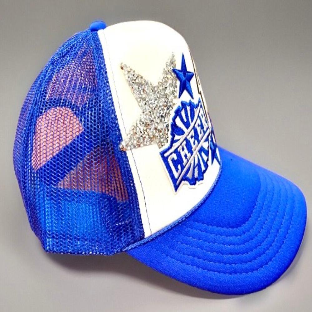 Cheer Cheerleader hat cap blue white stars hearts lightning bolt bling Right Front