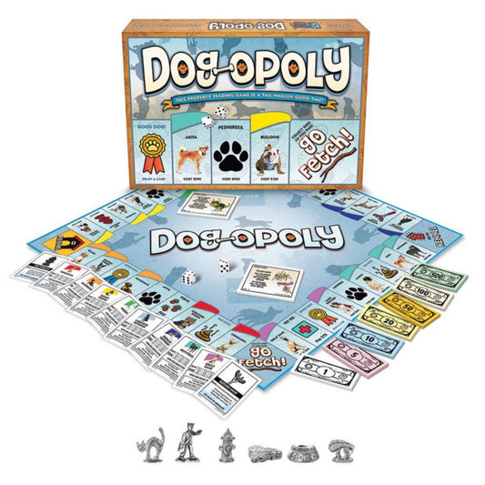 Dog-opoly board game with components and packaging on a white background
