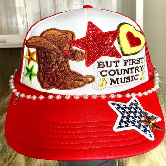 red white trucker hat country western music