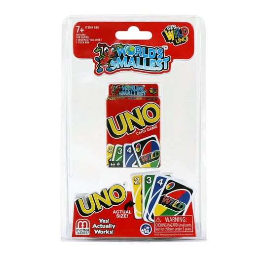Package of 'World's Smallest Uno' card game with colorful packaging.
